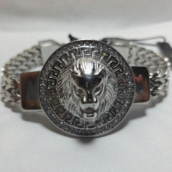 NWT ANTHONY JACOBS STAINLESS DOUBLE ROW CHAIN LION HEAD BRACELET 9" - Picture 1 of 6